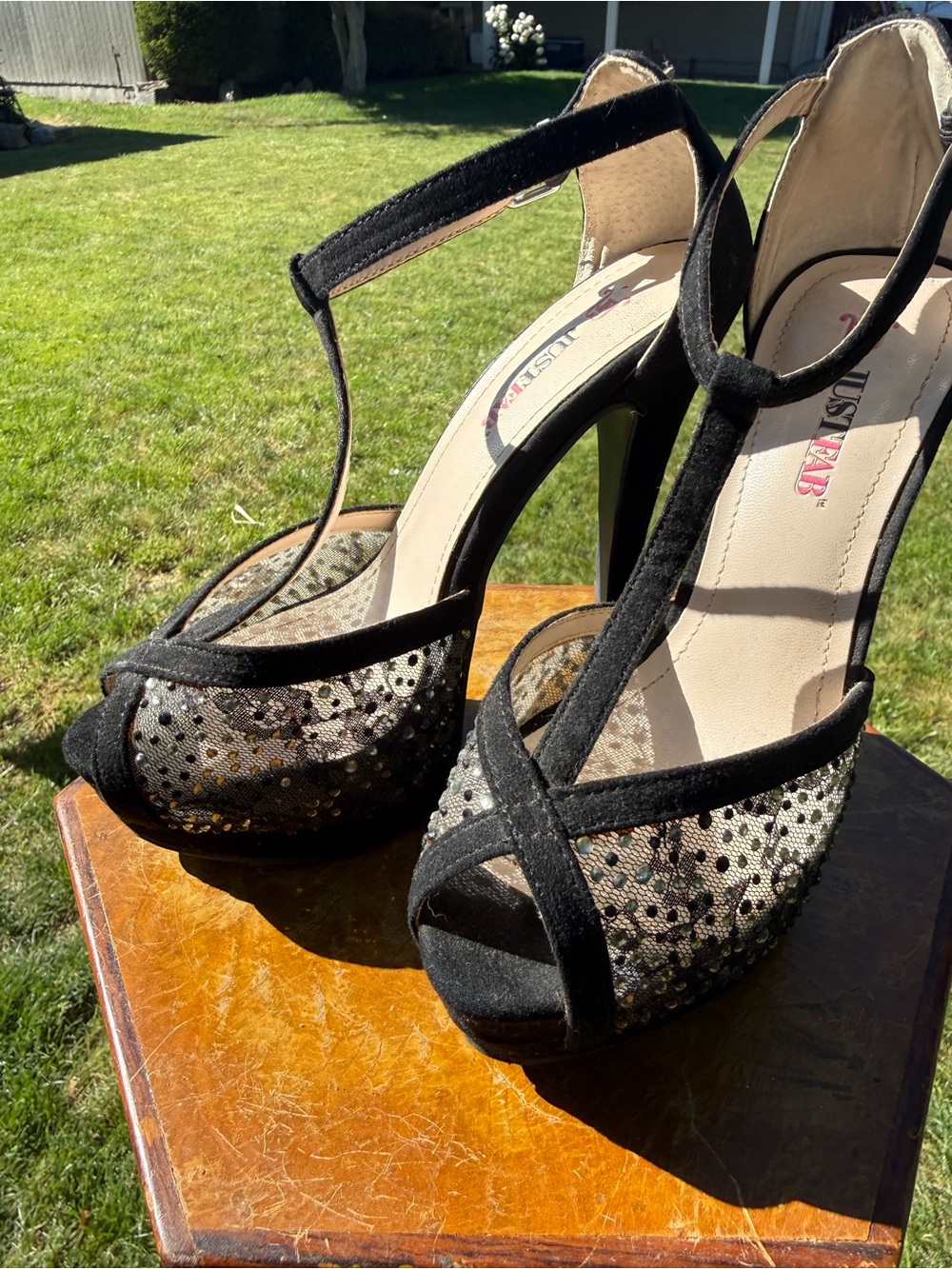 JustFab Black Sequin T-Strap Platform Heels